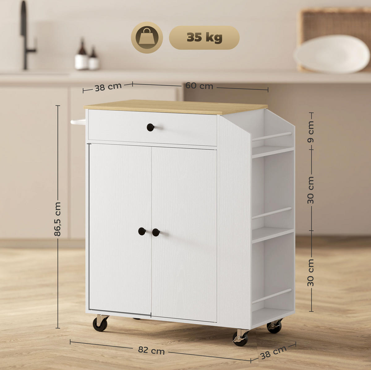 KÜCHENWAGEN in Weiß mit Gewürzregalen, Schrank und Rollen,86.5/38/82 cm - Weiß, Holzwerkstoff (82/86.5/38cm) - Flora Grace