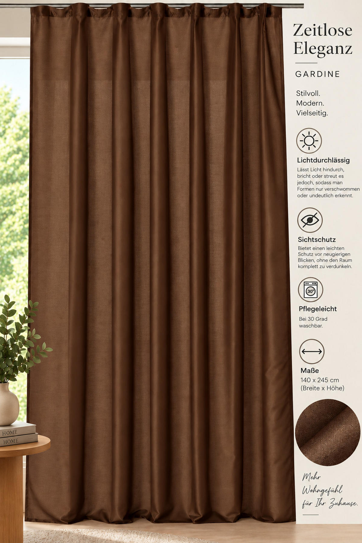 VORHANG Kräuselband 140/245 cm Dunkelbraun Wildseiden Optik - Dunkelbraun, Textil (140/245cm) - TiborTex