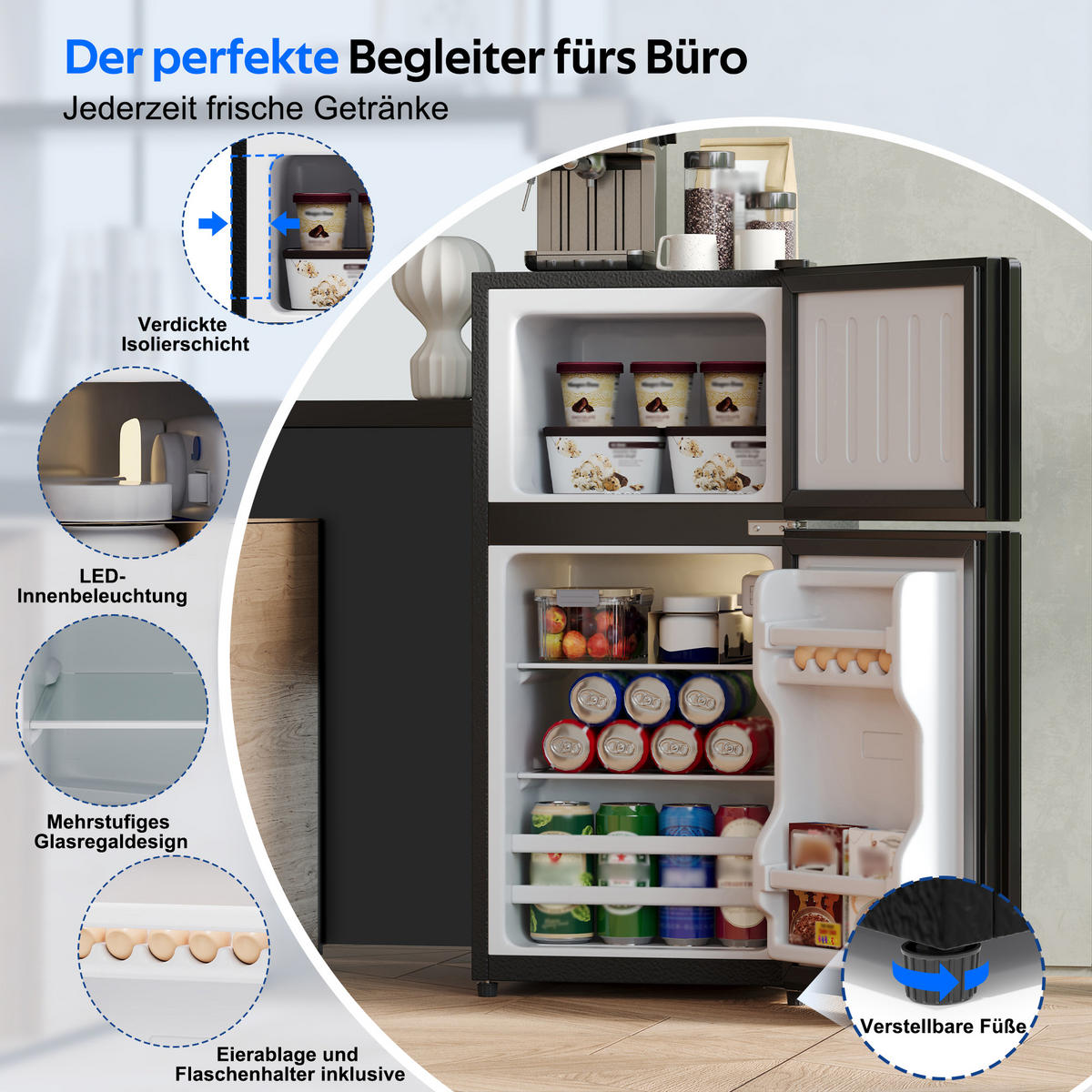 MINIKUHLSCHRANK 44.5/42.5/87.5 cm Schwarz 60L mit LED-Beleuchtung - Schwarz, Metall (44.5/87.5/42.5cm) - Oxeza
