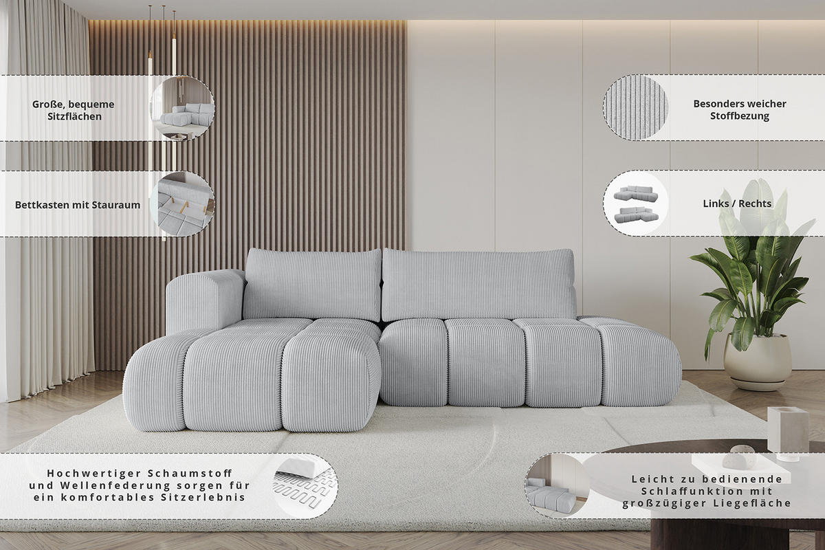 ECKSOFA Ottomane Links CLOUD-L 289x180x40 Beige Bouclé - Beige, Holzwerkstoff/Kunststoff (180/289cm) - ALTDECOR