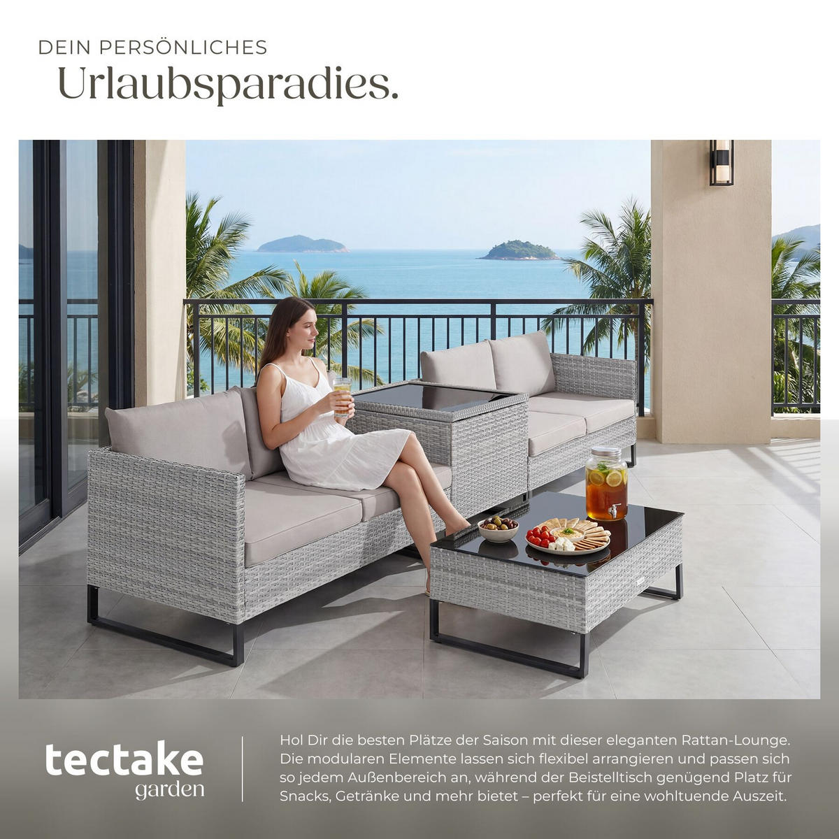 RATTANLOUNGE Ostuni, mit Sicherheitsglasplatte, grau-meliert/grau - Grau, Kunststoff - tectake