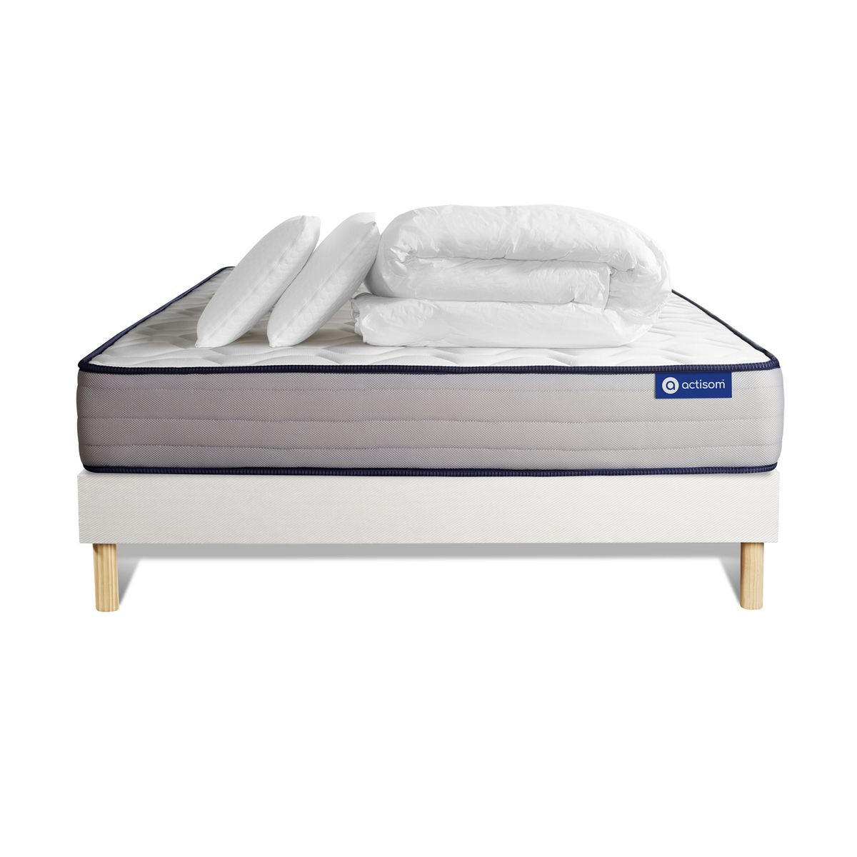 BETT Actimemo form Memory-Schaum 180 x 200 cm h3 - Kit Bettgestell Weiß - Mit Kissen und Bettdecke - Beige/Weiß, Karton/Holz (180/200cm) - ACTISOM
