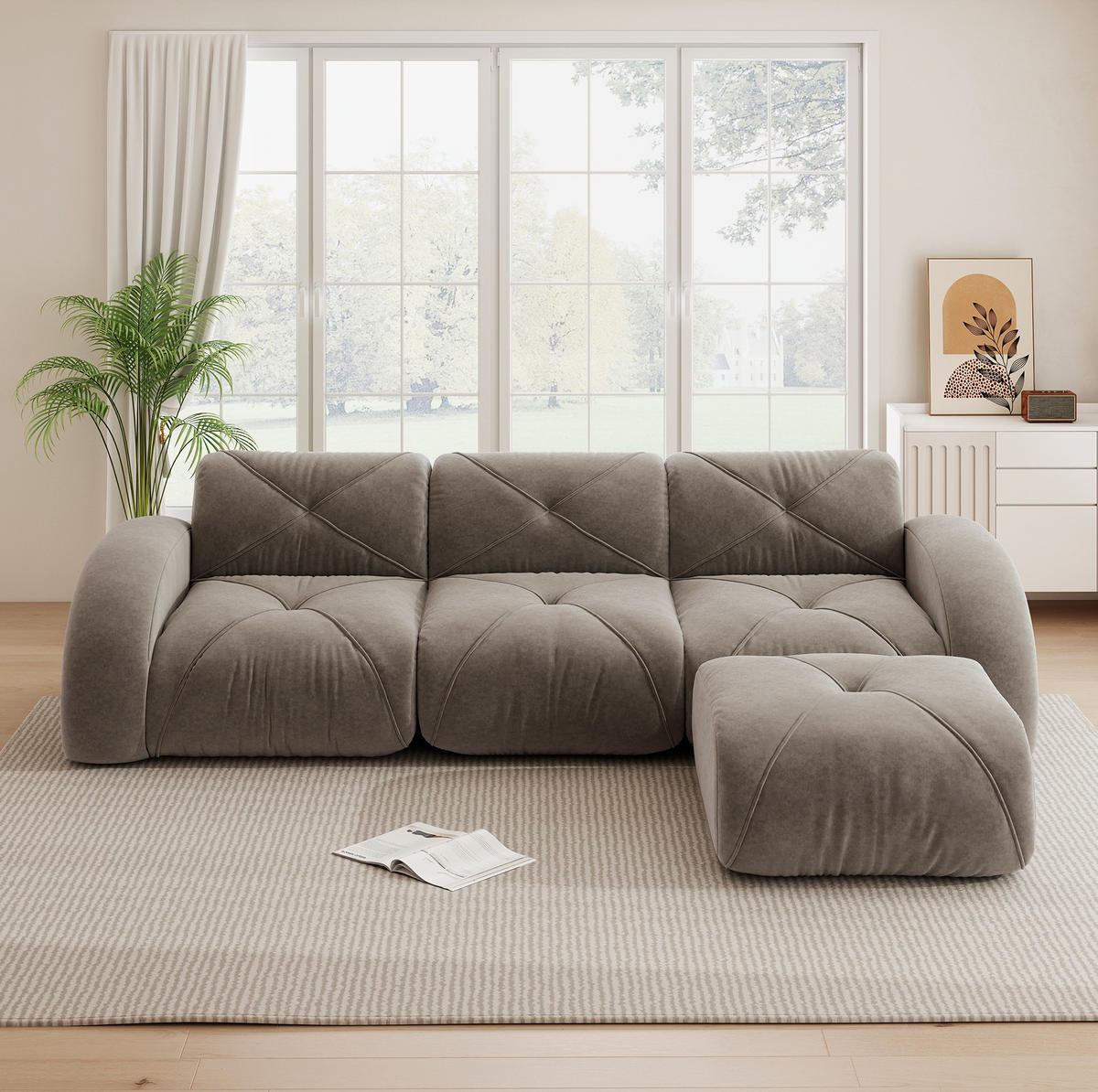 ECKSOFA in Taupe aus Chenille mit Fußstütze, ohne Montage - Taupe, Textil (171/281cm) - Flora Grace
