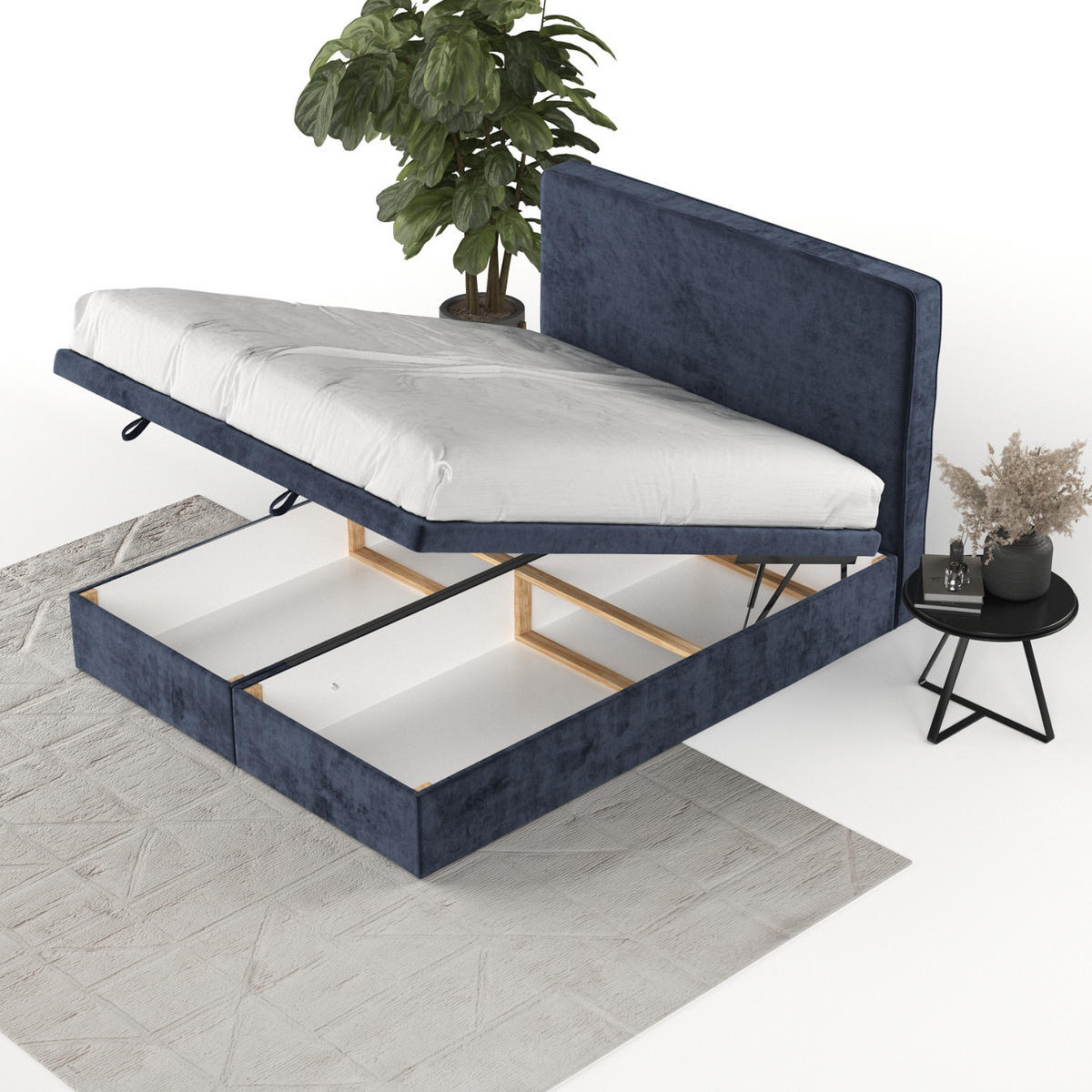 POLSTERBETT Hush mit Stauraum 180/200 cm Marineblau im Lotta Stoff - Schwarz/Dunkelblau, Holz/Holzwerkstoff (180/200cm) - AltaBeds