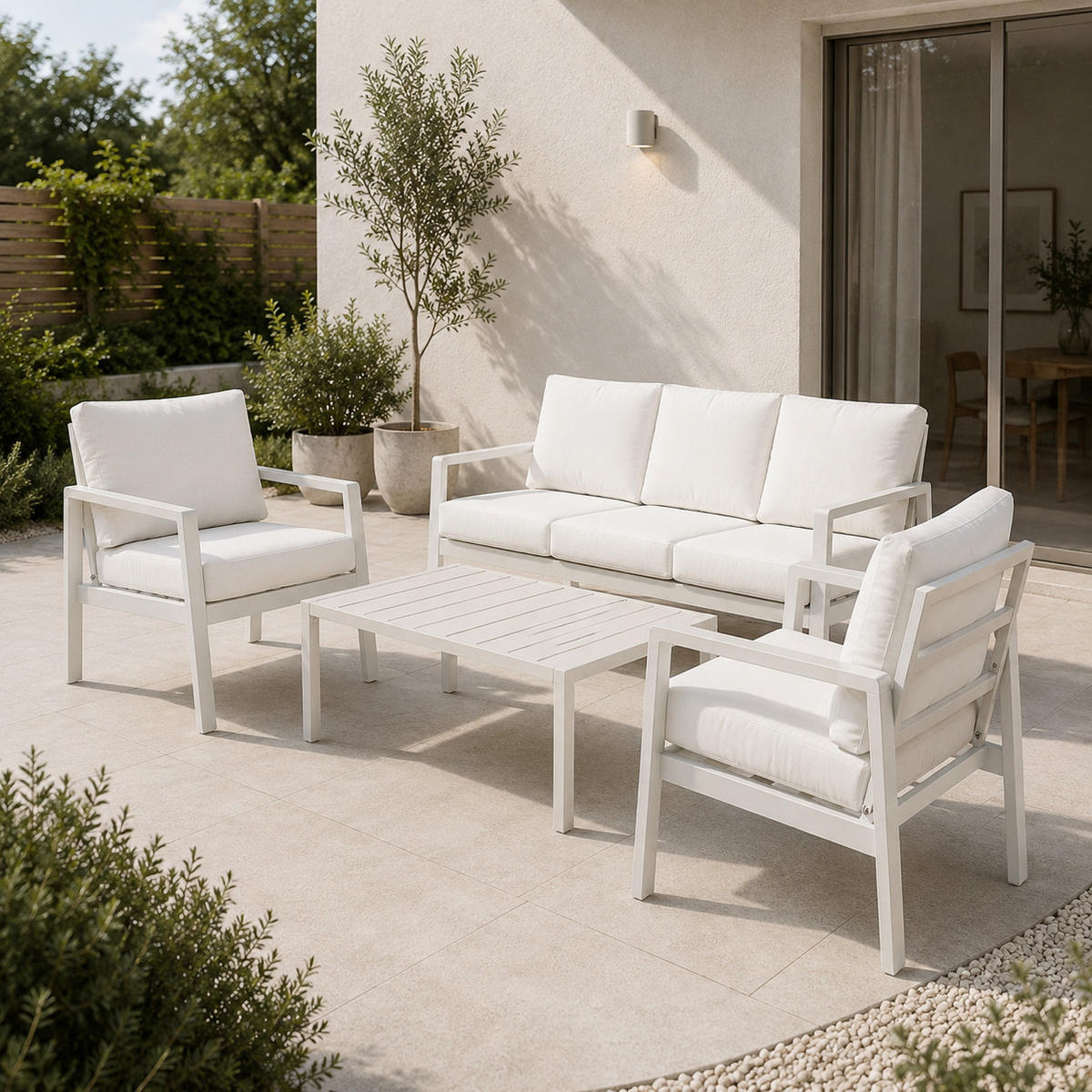 GARTENMÖBEL-SET mit 1 Dreisitzer-Sofa. 2 Einzelstühlen und 1 Couchtisch. Creme & Beige - Beige, Metall - Home Collective