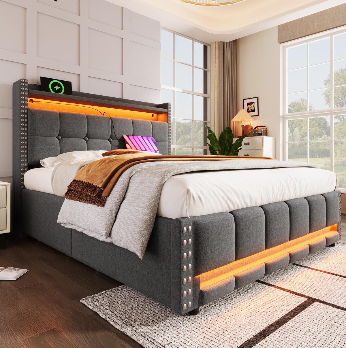 POLSTERBETT mit Stauraum und LED 140x200 cm Grau - Grau, Metall (140/200cm) - Meubliv