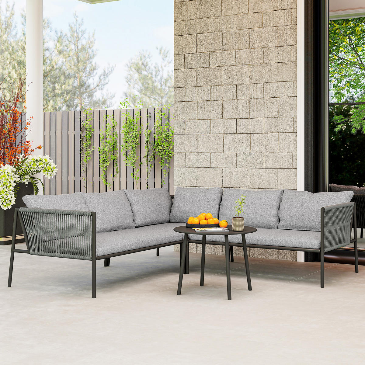 GARTENMÖBEL LOUNGE-SET DE-06738 mit Ecksofa & Tisch, für 6 Personen Dunkelgrau - Dunkelgrau, Kunststoff/Metall - ComfortXL