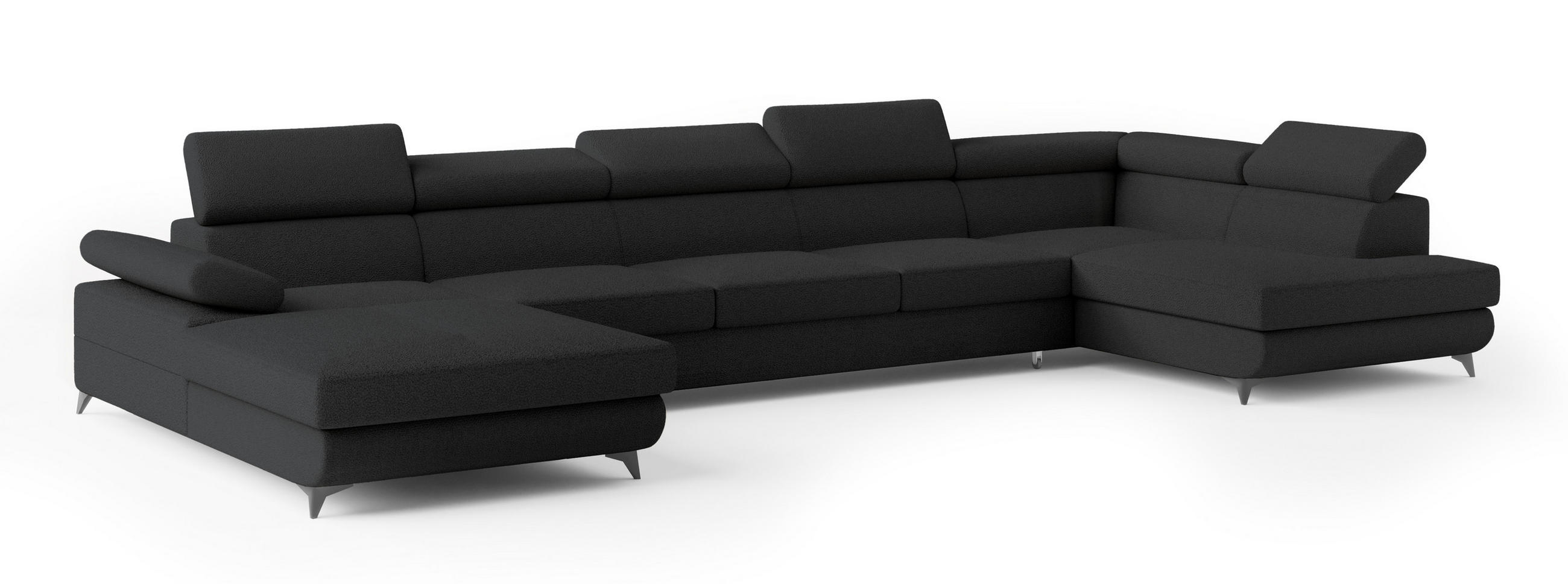 WOHNLANDSCHAFT MONTIVA Schwarz Boucle-Stoff mit Schlaffunktion - Schwarz, Holz (410/89/190cm) - MASSENO