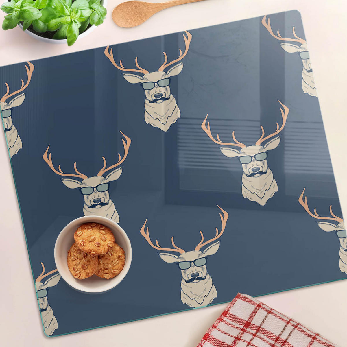 GLASPLATTE 60x52 cm Hipster Hirsch - Weiß Hochglanz/Grau, Glas (60/0.4/52cm) - TULUP
