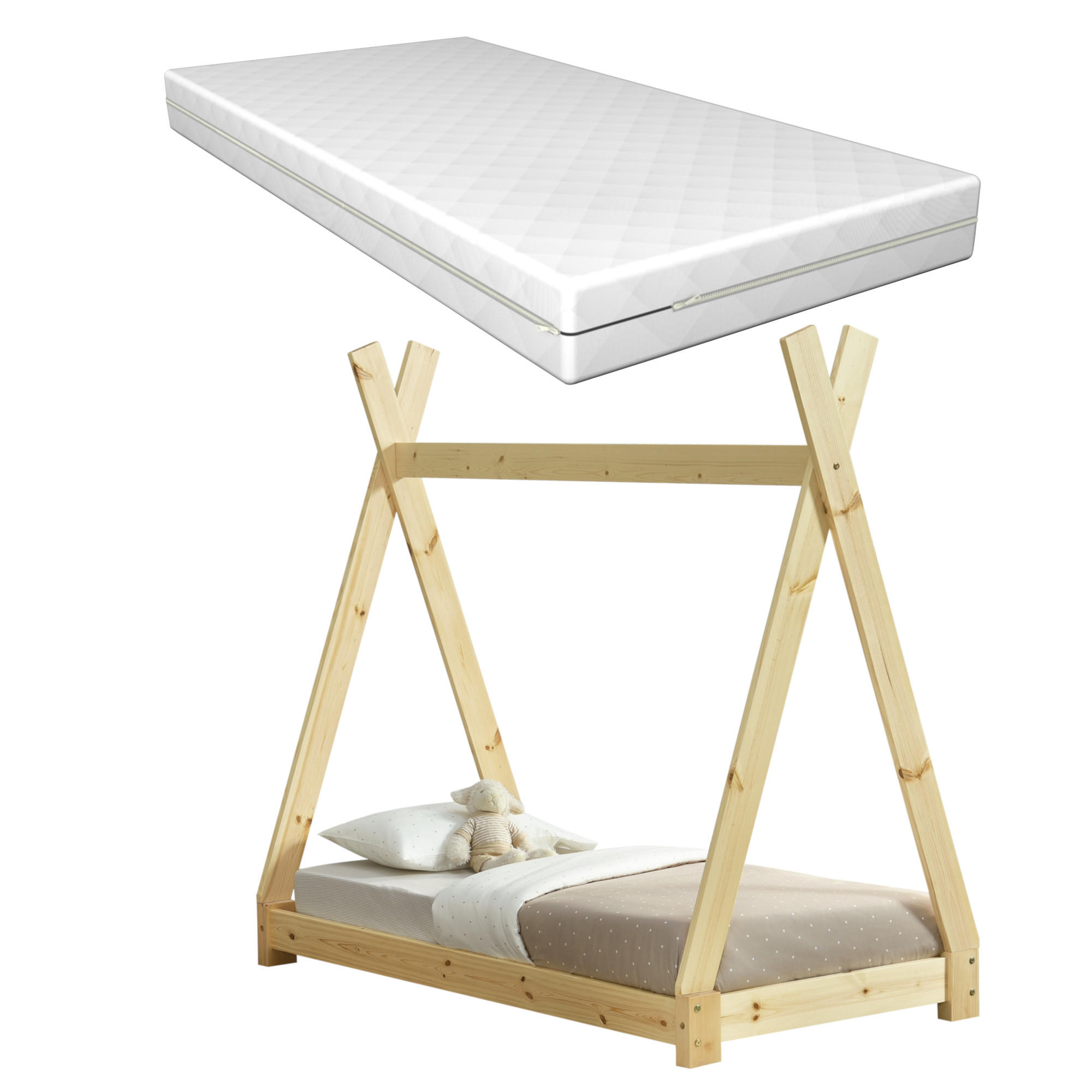 KINDERBETT Onejda mit Matratze - Naturfarben, Holz/Textil (70/140cm) - [en.casa]