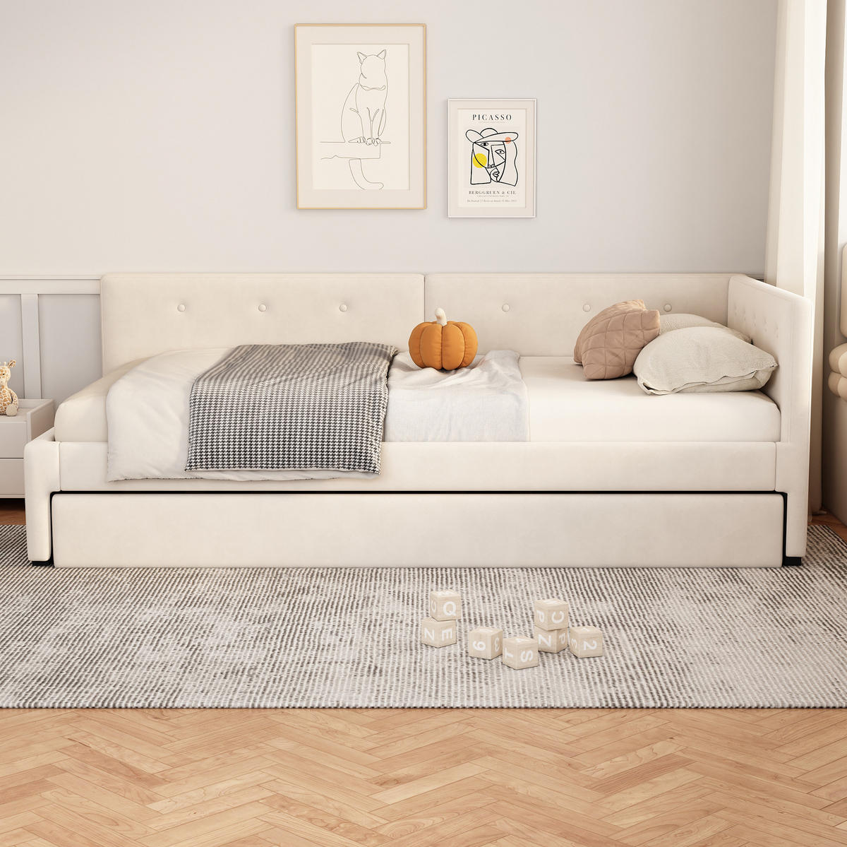 BETT 90/200 cm mit Kopfteil & ausziehbarem Rollbett, inkl. Lattenrost, Samt Beige - Beige, Textil (90/200cm) - BEAOK