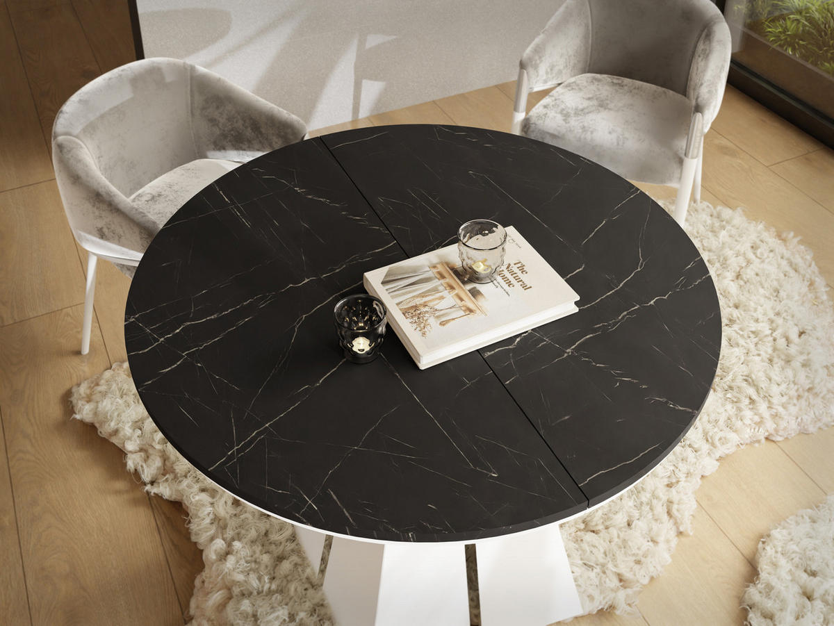 ESSTISCH Kova runder ausziehbarer, Marmor Schwarz 120-200/120/76 cm - Anthrazit/Weiß, Holzwerkstoff/Metall (120/120/76cm) - WFL GROUP