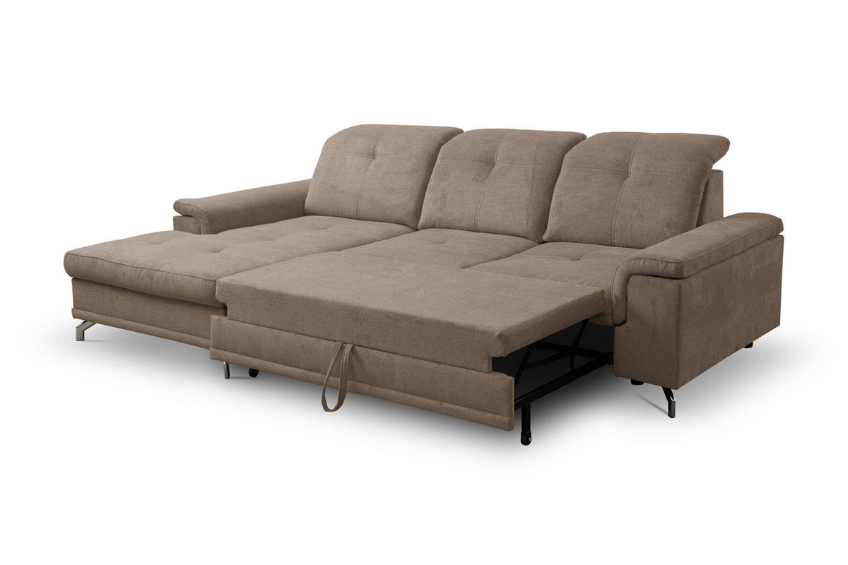 ECKSOFA PANAMA mit Schlaffunktion und Bettkasten, Farbe: Braun, Velourstoff, Ottomane Links - Braun, Textil (270/180cm) - VENASI MÖBEL