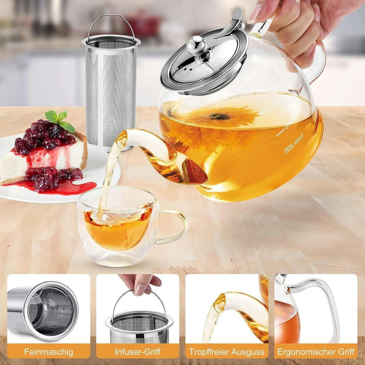TEEKANNE Glas 1000ML mit Siebeinsatz - Transparent, Glas (18/14.8cm)