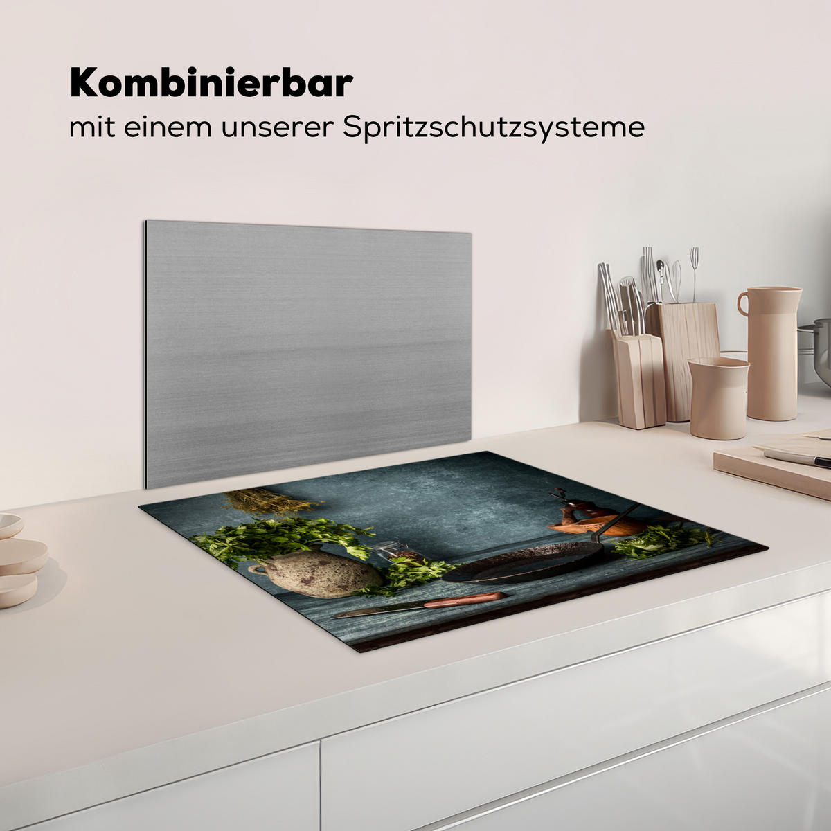 HERABDECKPLATTE - Kräuter - Gewürze - Pfanne - Messer - Grau - Rustikal - 65x55 - Petrol, Kunststoff (65/55/0.2cm) - MuchoWow