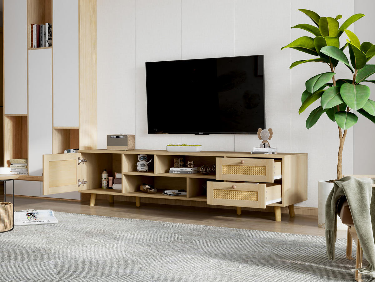 TV-LOWBOARD in Eiche-Optik mit Rattanfront 160/39/40.5 cm - Naturfarben, Holzwerkstoff (160/40.5/39cm) - Redom