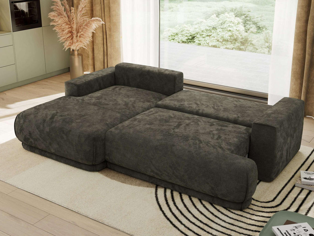 ECKSCHLAFSOFA RINA L Dunkelgrau Schenille glatt - links - Dunkelgrau/Schwarz, Kunststoff/Textil (267/170cm) - MKS