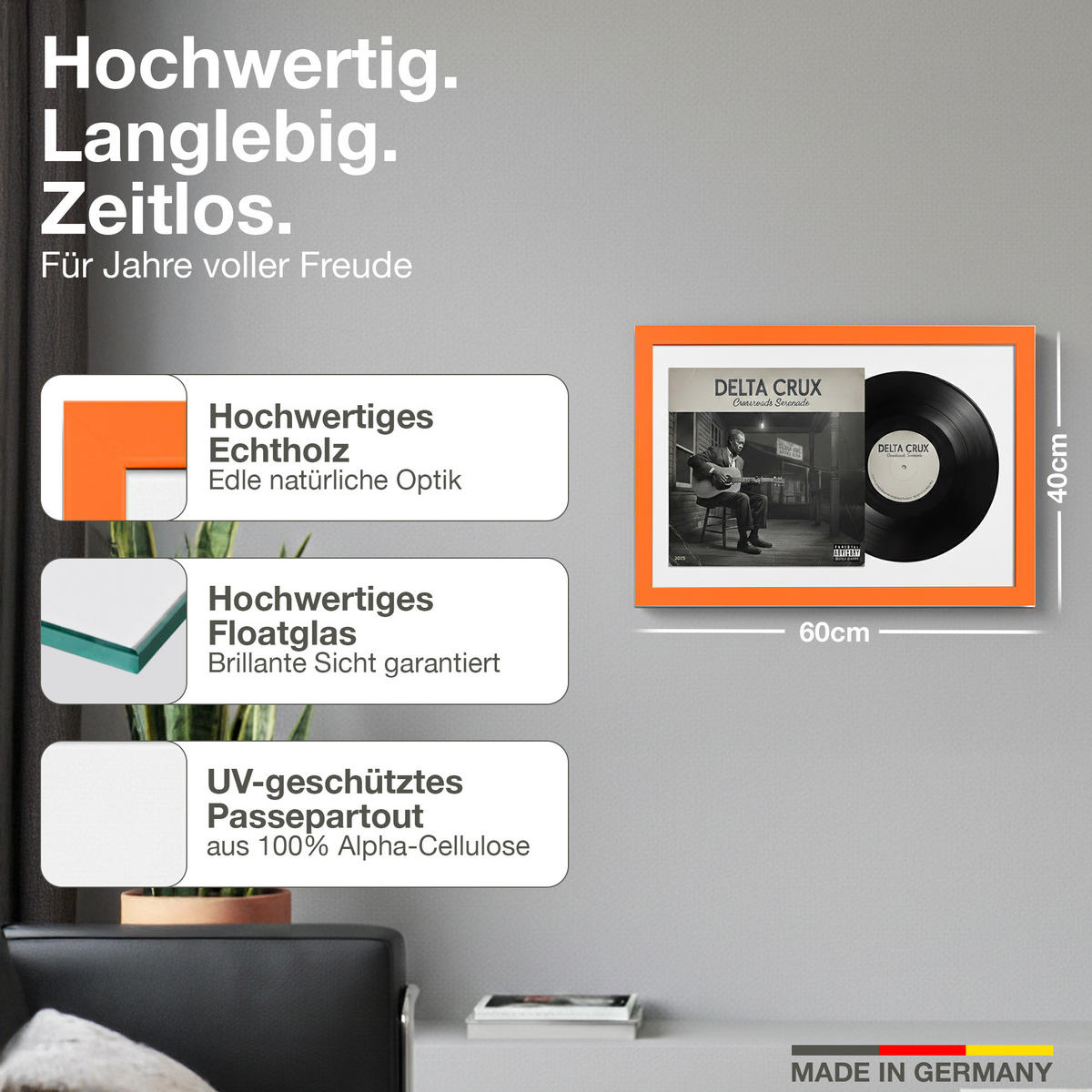 SCHALLPLATTEN RAHMEN 40/60 für Cover & Vinyl - Orange, Holz (60/40cm) - K-Möbel