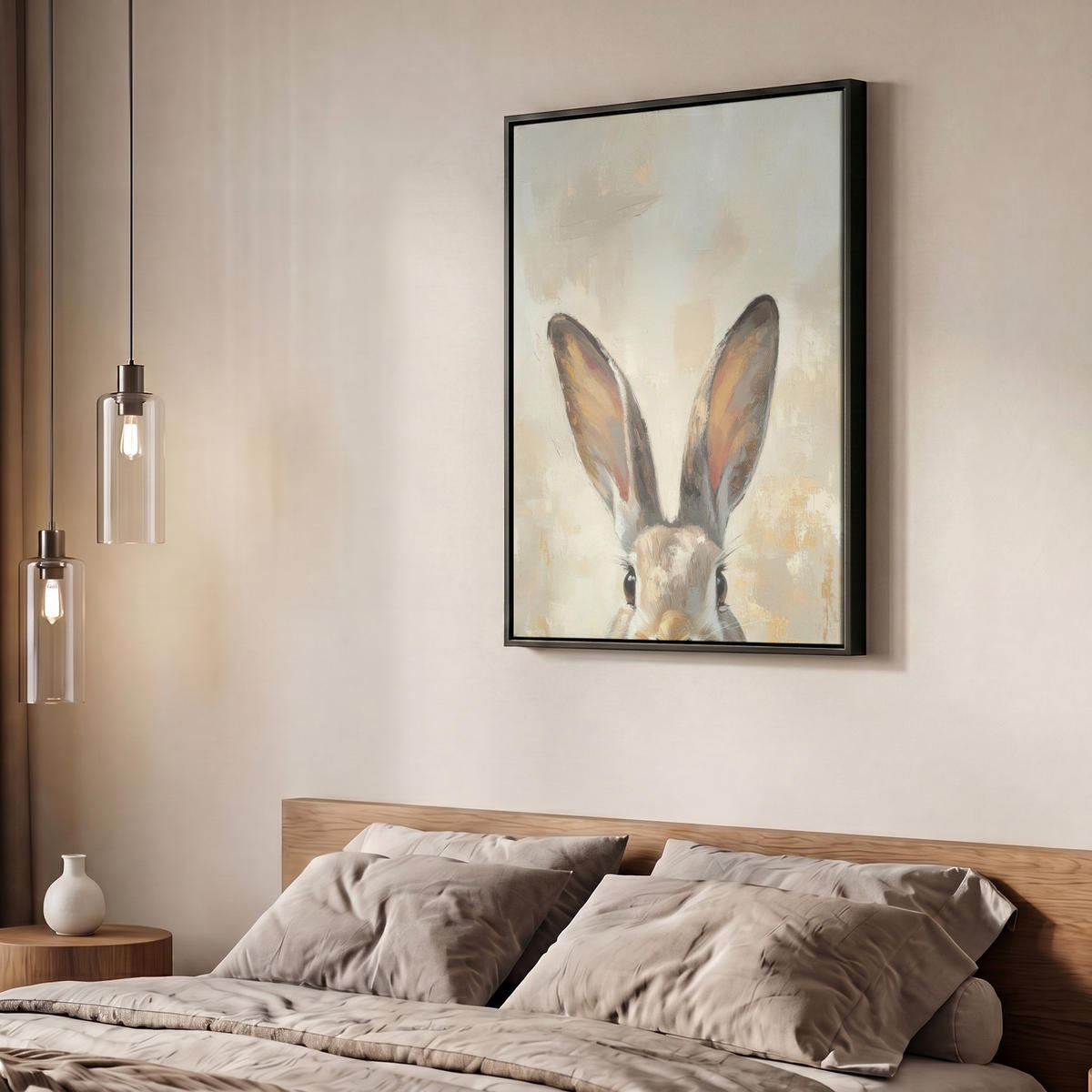 LEINWAND Bilder mit Rahmen - Hase - Ohren - Braun - 60x80 - Beige, Textil (60/80cm) - MuchoWow