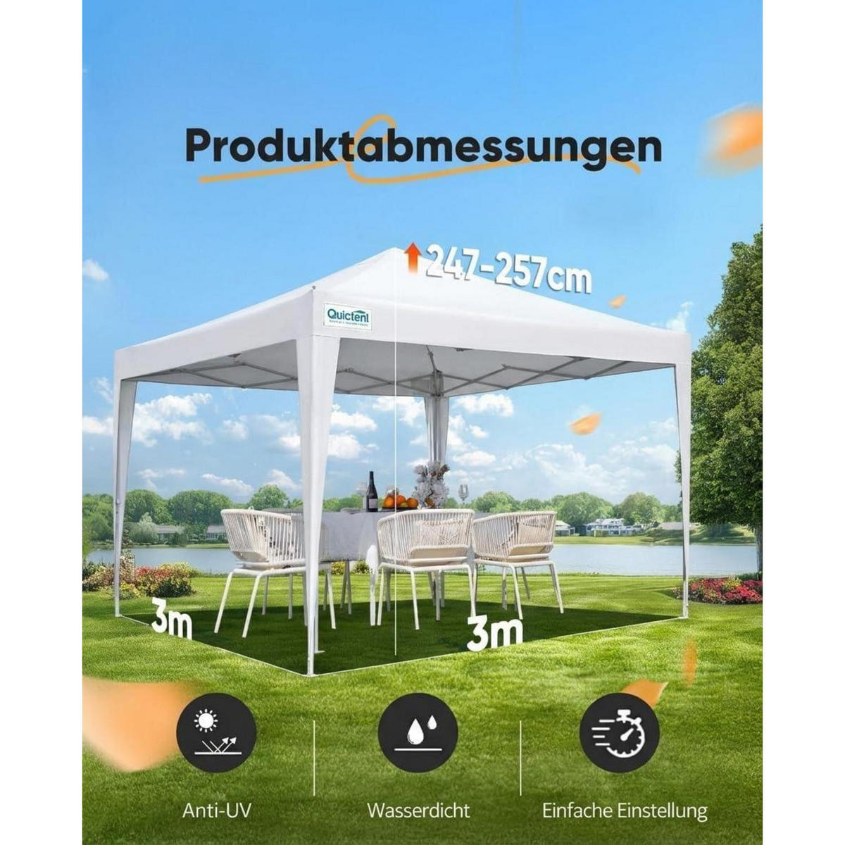 FALTPAVILLON 3 x 3 m wasserdicht mit Seitenwänden UV-Schutz 50+ - Weiß, Textil (294/265/294cm)