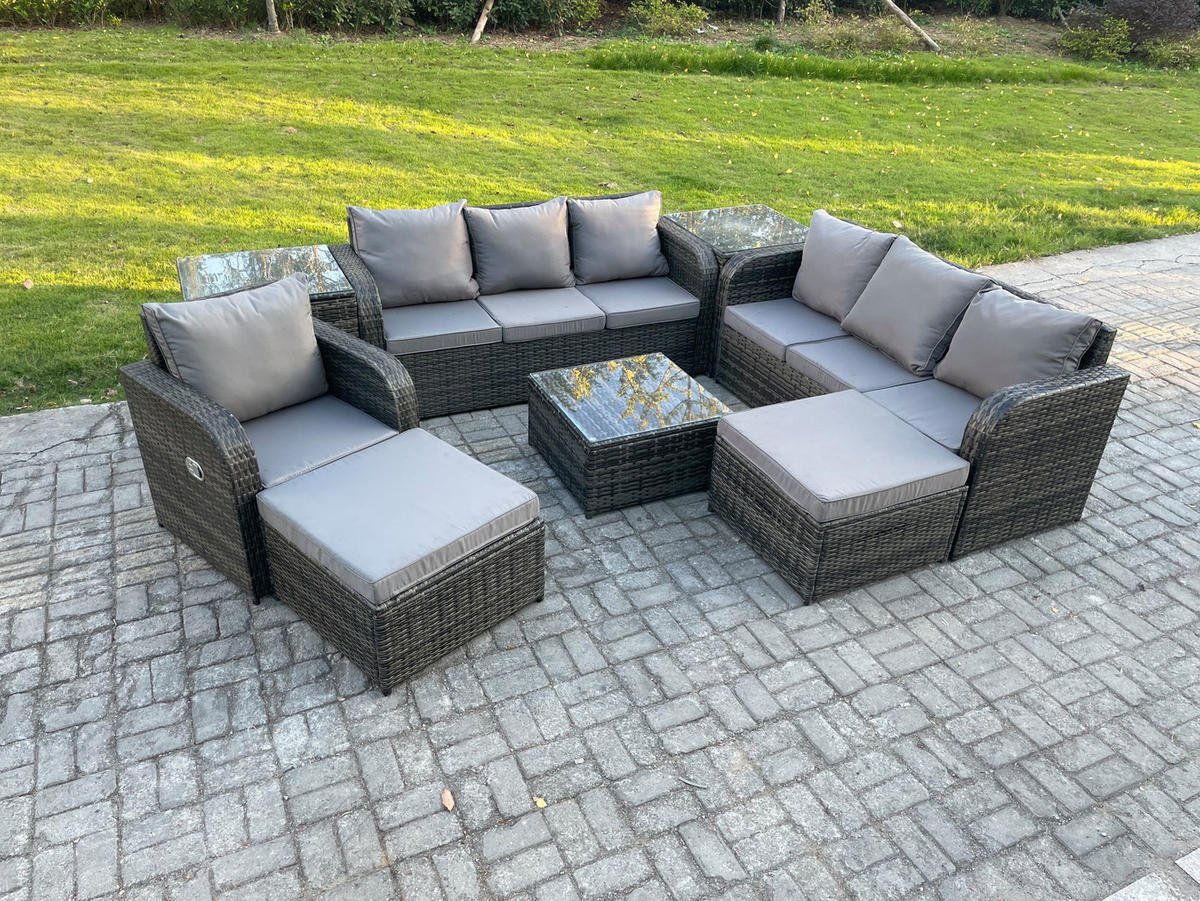 GARTENMÖBEL SET mit 3-SITZER SOFA Polyrattan Dunkelgrau 9-Sitzer - Dunkelgrau/Grau, Glas/Kunststoff - Fimous