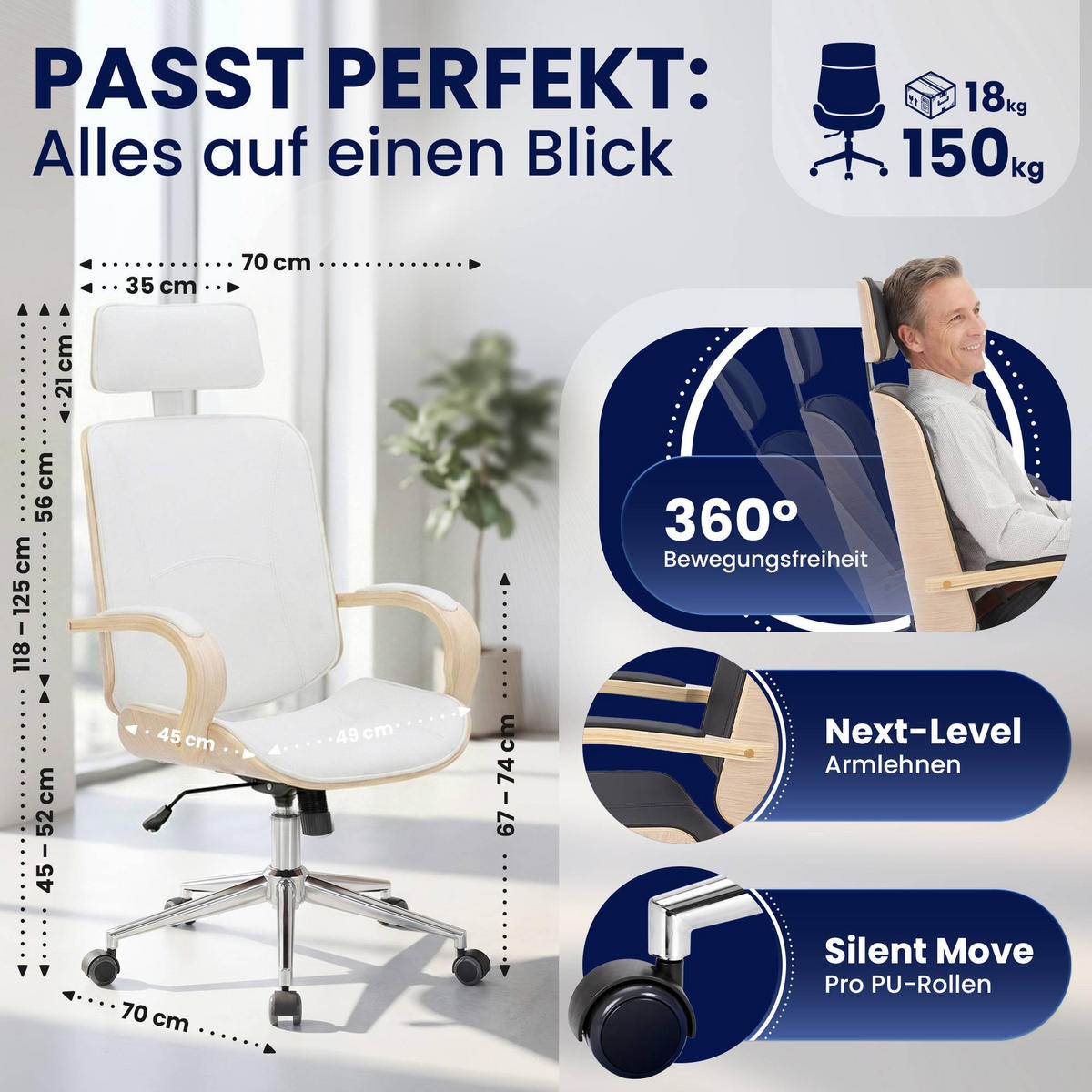 DREHSTUHL Lederlook Natura/Weiß - Chromfarben/Eukalyptusholzfarben, Textil/Metall (70/118/70cm) - CLP