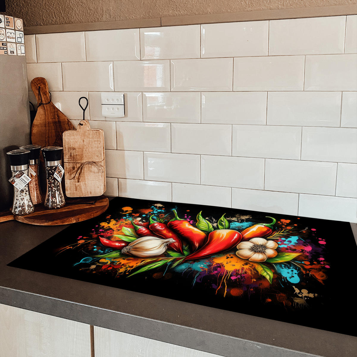 HERDABDECKPLATTE Gemüse - Paprika - Knoblauch - Graffiti - Farbe - Bunt 83x51 cm - Rot, Kunststoff (83/51.5/0.2cm) - MuchoWow