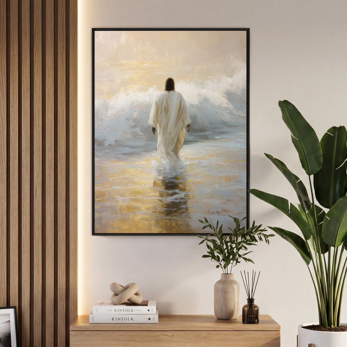 LEINWAND Bilder mit Rahmen - Gemälde - Welle - Jesus - Abstrakt - 70x100 - Goldfarben, Textil (70/100cm) - MuchoWow