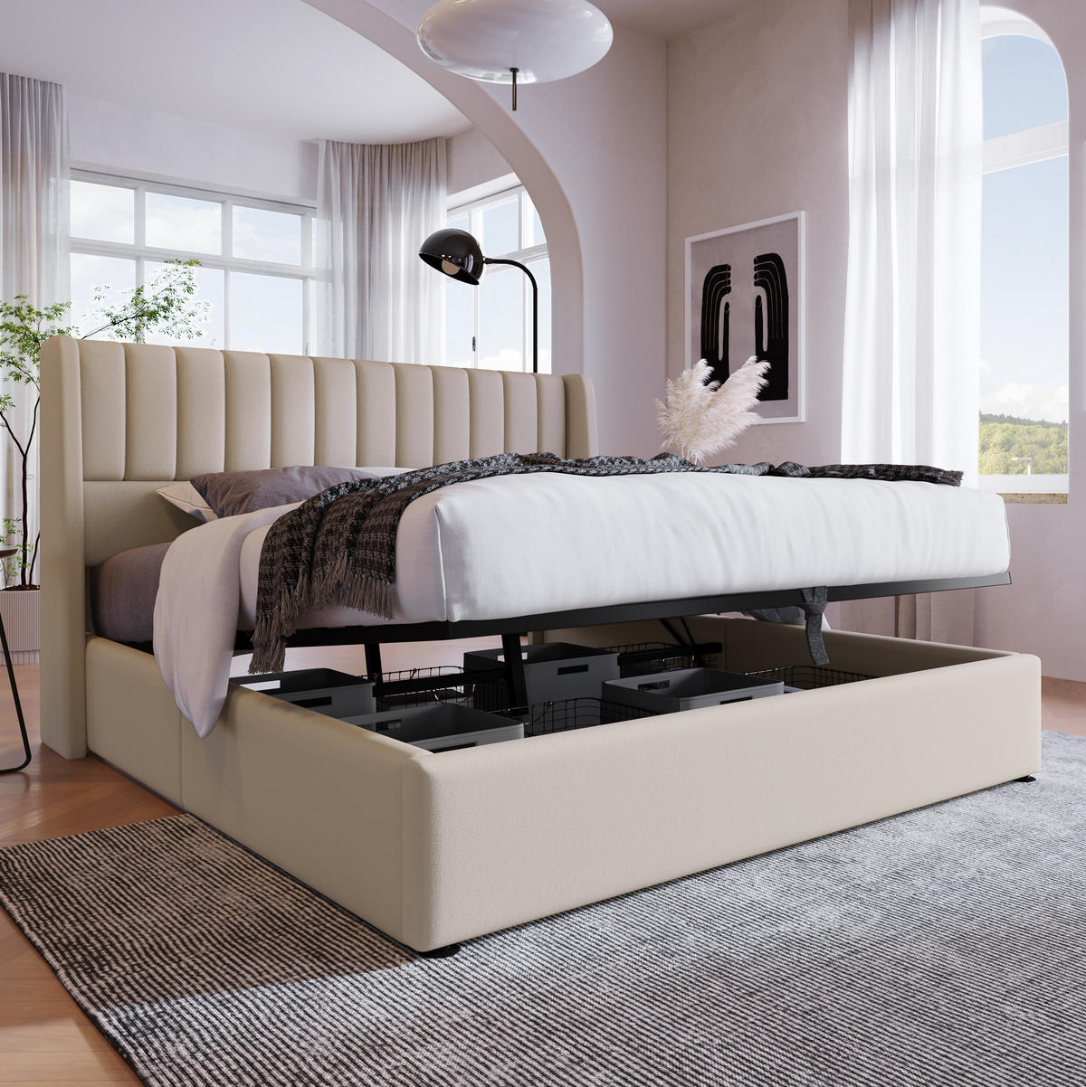 POLSTERBETT mit Bettkasten 160/200 cm, Leinen Beige, mit gepolstertem Kopfteil - Beige, Textil (160/200cm) - BEAOK