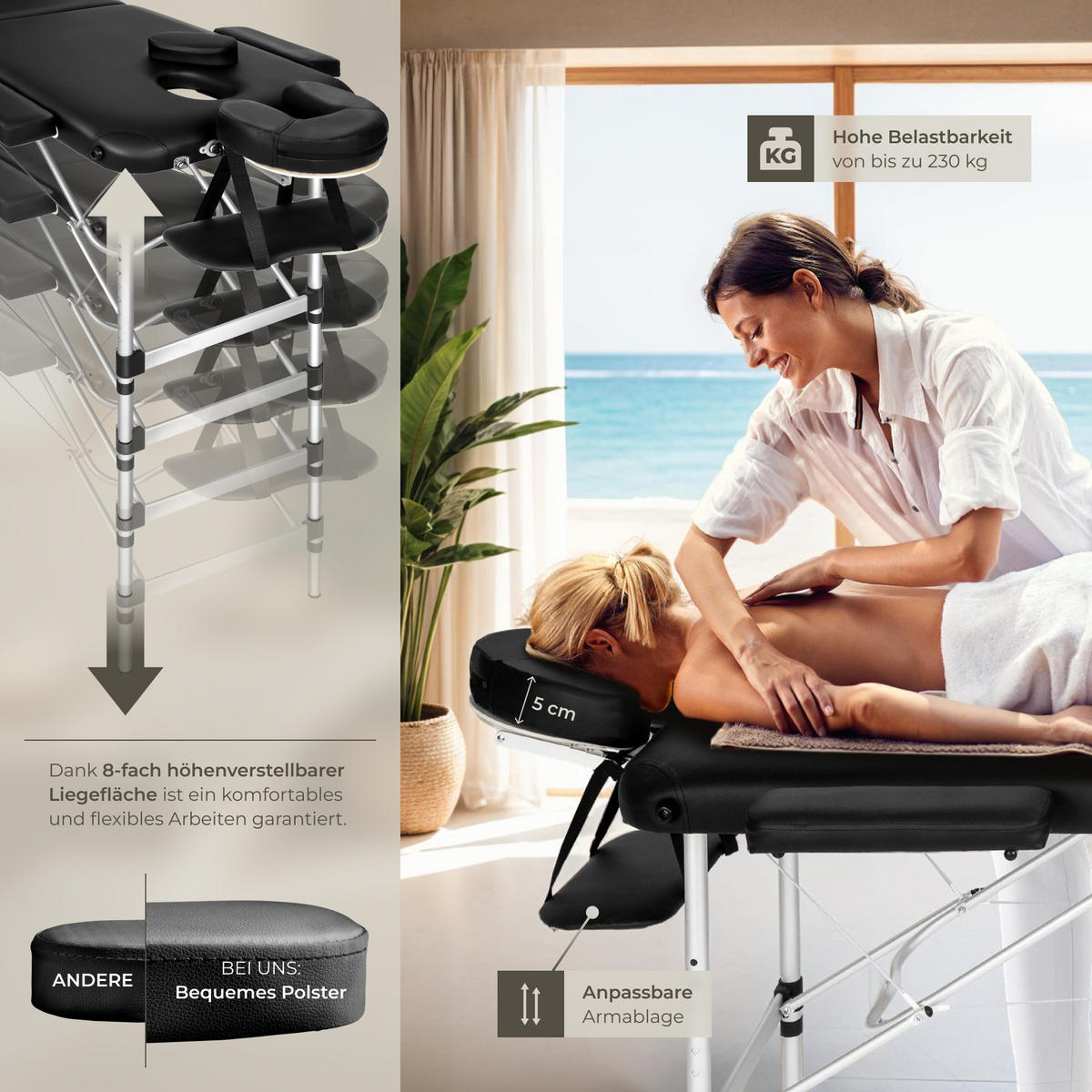 MASSAGELIEGE 3 Zonen, 210 x 95 x 90 cm,schwarz - Schwarz, Metall (61/68/180cm) - tectake