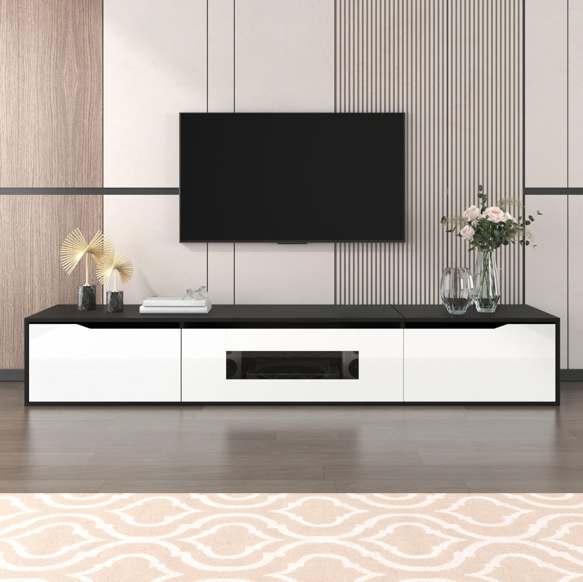 TV-ELEMENT mit LED-Beleuchtung 180 cm Hochglanz Schwarz Weiß - Schwarz, Holzwerkstoff (35/30/180cm) - Beauniv