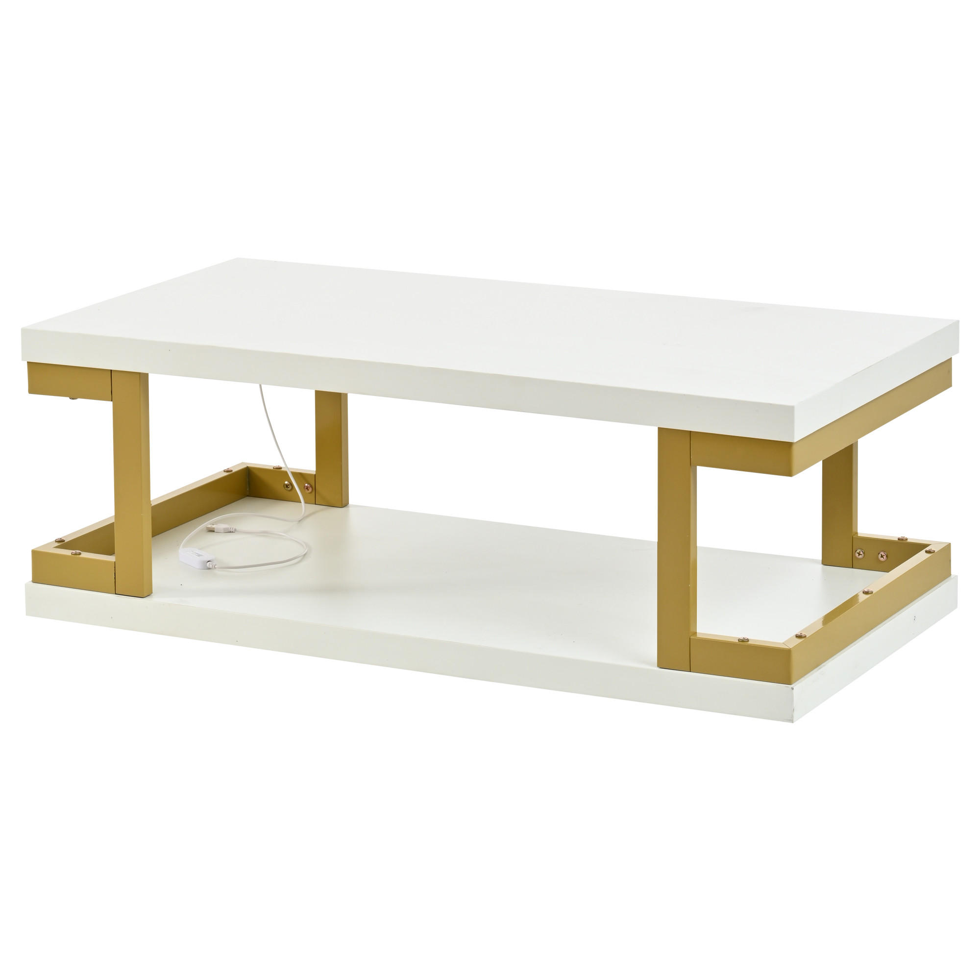 COUCHTISCH Weiß‑Gold mit U‑förmigem Metallrahmen und LED 100 × 50 × 38 cm - Weiß, Holzwerkstoff (50/100/38cm) - Luhomfu