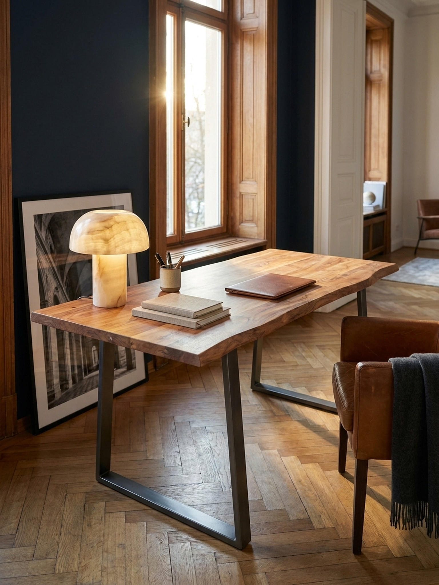 SCHREIBTISCH Massivholz Baumkante mit Trapezgestell, Akazie 180x90x76 cm - Silberfarben/Akaziefarben, Holz/Metall (180/90/76cm) - KADIMA DESIGN