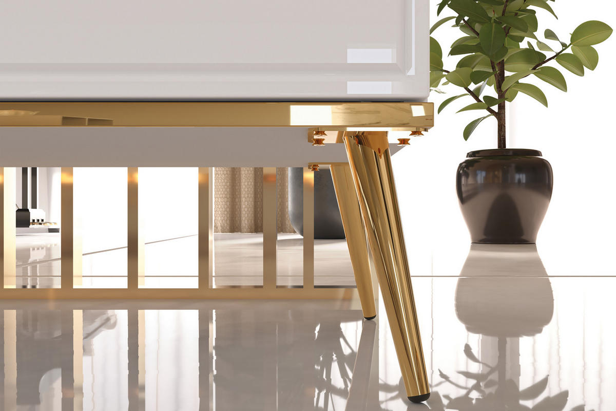 KOMMODE ISORIA auf hohen goldenen Beinen, Glas Weiß - Goldfarben/Weiß, Holz/Metall (120/85/40cm) - KONSIMO®