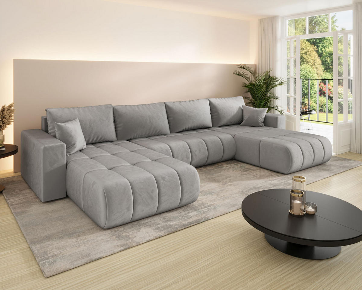 ECKSOFA LARA PREMIUM U-Form hellgrau Velours Monolith 84 - Schlaffunktion, Bettkasten - Hellgrau, Textil (385/175cm) - Cornero