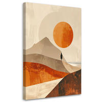 BILD auf Leinwand, Eine minimalistische Landschaft mit Bergen und einer orangefarbenen Sonne. - Orange, Textil (80/120cm) - Feeby