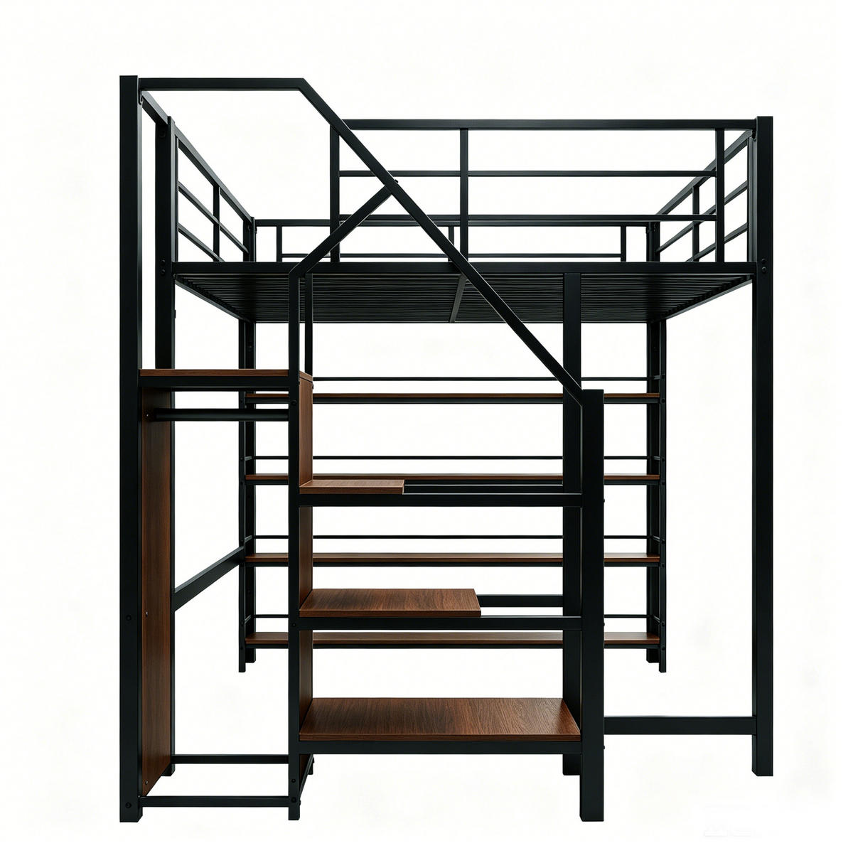 HOCHBETT 140x200 cm in Schwarz mit Stauraumtreppe, Garderobe und Regalen - Schwarz, Metall (140/200cm) - IVMEU
