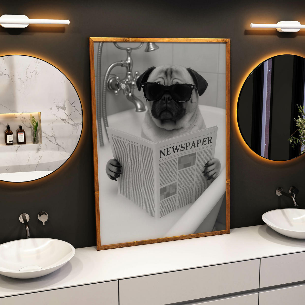 POSTER Badezimmer WC Mops Badewanne Zeitung Abstraktion 30x40cm - Schwarz/Weiß, Papier (30/40/1cm) - Muralo