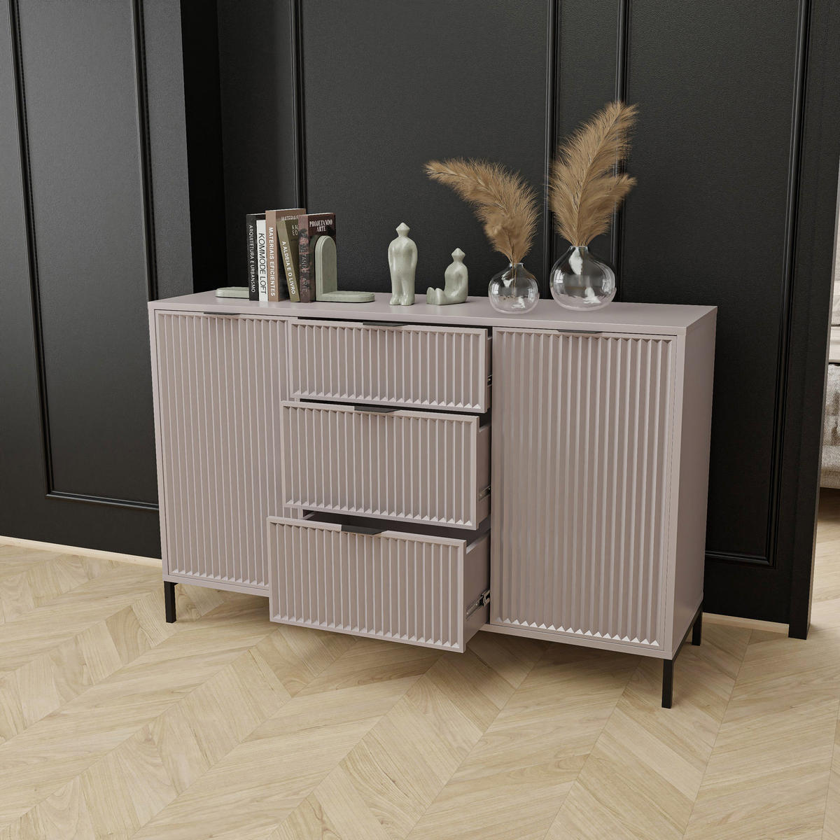 KOMMODE klein Aufbewahrungsschrank mit 3 Schubladen und 2 Türen, Beige - Beige, Holzwerkstoff (135/87/41cm) - Idohome