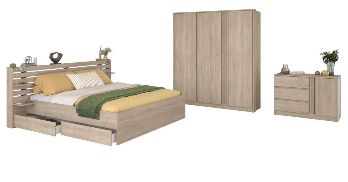 JUGENDZIMMER 3-teilig, Eiche japanisch, Komplettset mit Bett 160 x 200, Kleiderschrank, Kommode - Eichefarben, Holzwerkstoff (185/203/217cm) - Parisot Meuble