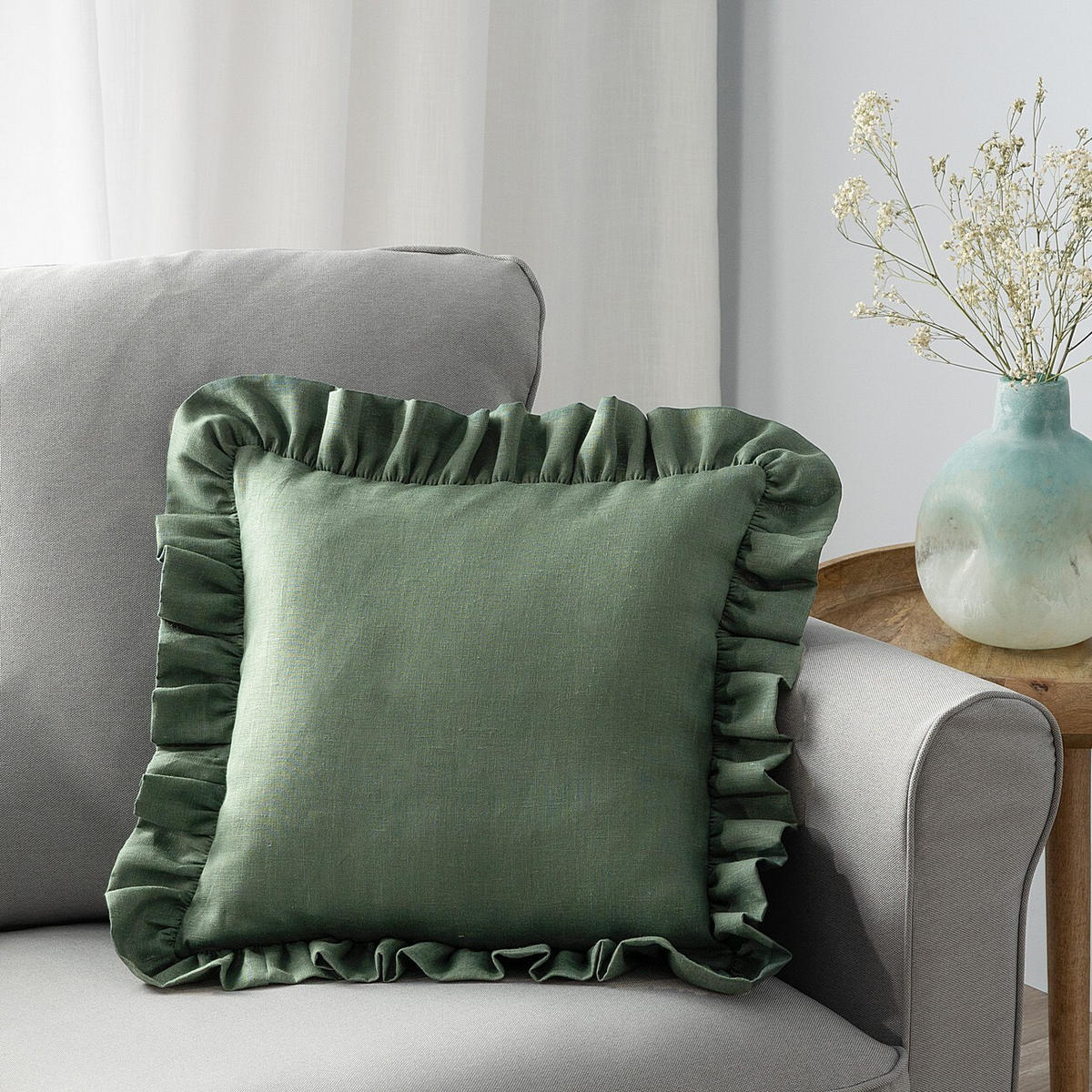 KISSENHÜLLE Charlotte 45x45 cm mit Rüsche - Grün, Textil (45/1cm) - Dekoria