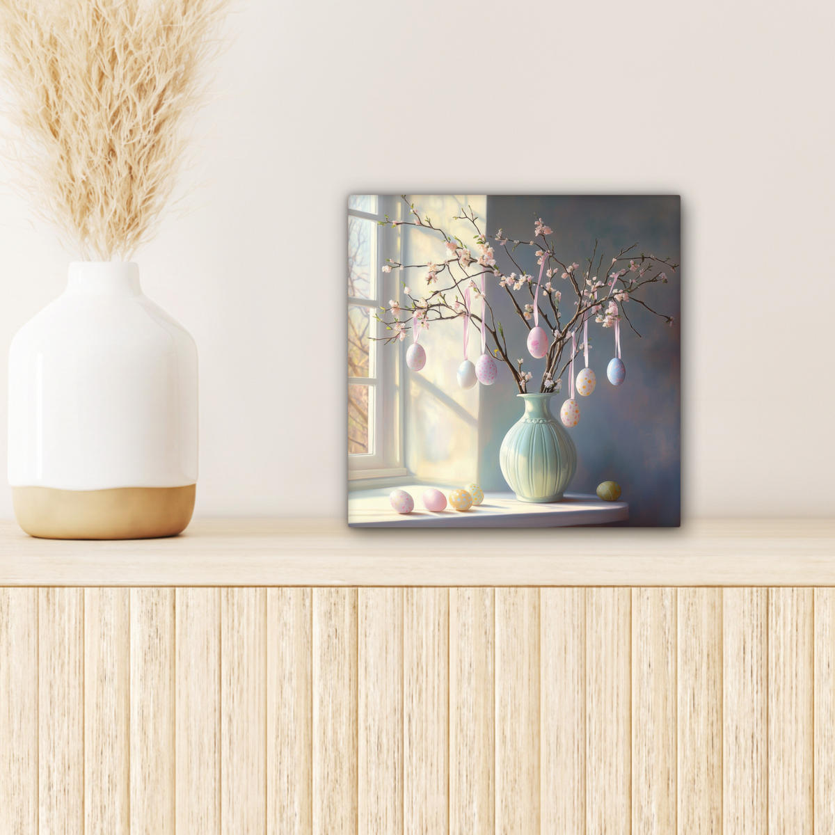 LEINWANDBILD Stillleben - Vase - Osterzweig Deko Wohnzimmer 20x20 cm - Hellblau, Textil (20/20cm) - MuchoWow