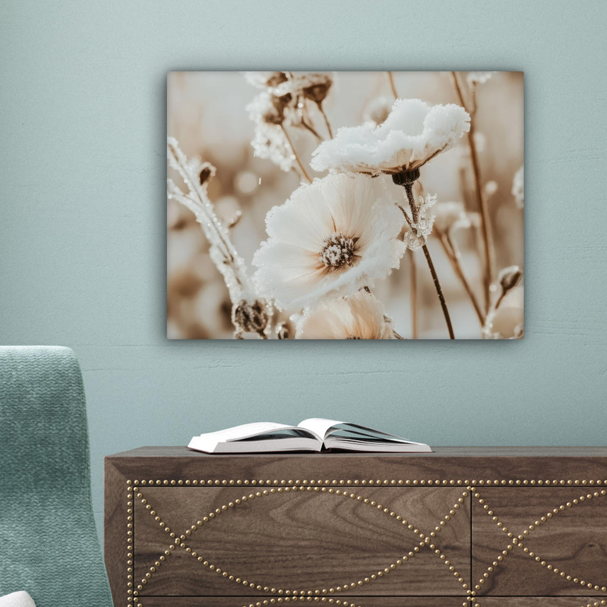 LEINWANDBILD Blumen - Winter - Weiß - Schnee - Beige 40x30 cm - Creme, Textil (40/30cm) - MuchoWow