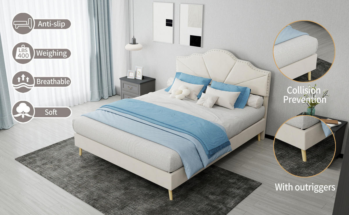 POLSTERBETT 140/200 cm mit Matratze, geometrischem Kopfteil und Lattenrost, Beige - Beige, Textil (140/200cm) - Redom