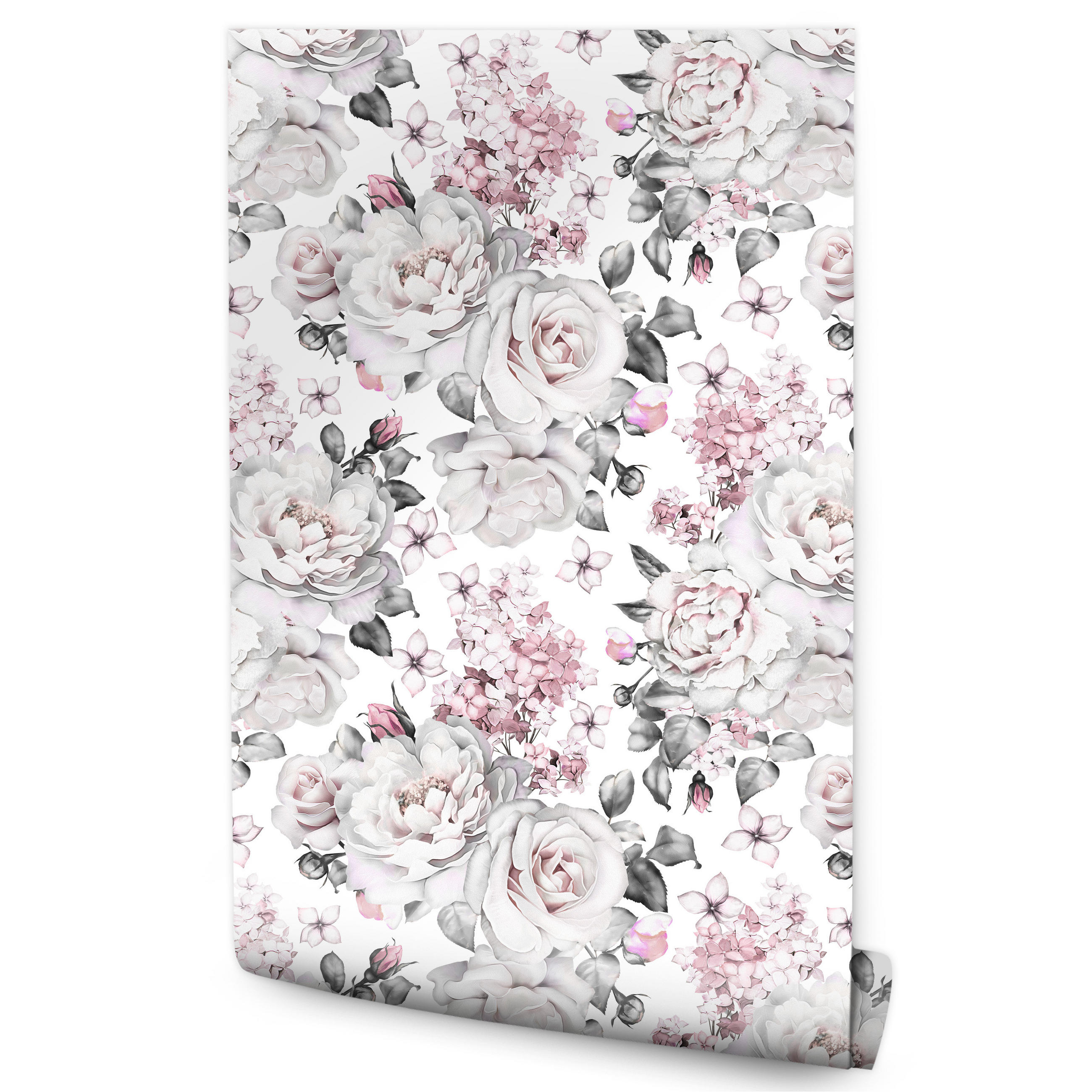 VLIESTAPETE Pastellrosen und Pfingstrosen – Rosa, Grau, Weiß – 50x1000 cm - Rosa/Weiß, Papier (50/1000cm) - Muralo
