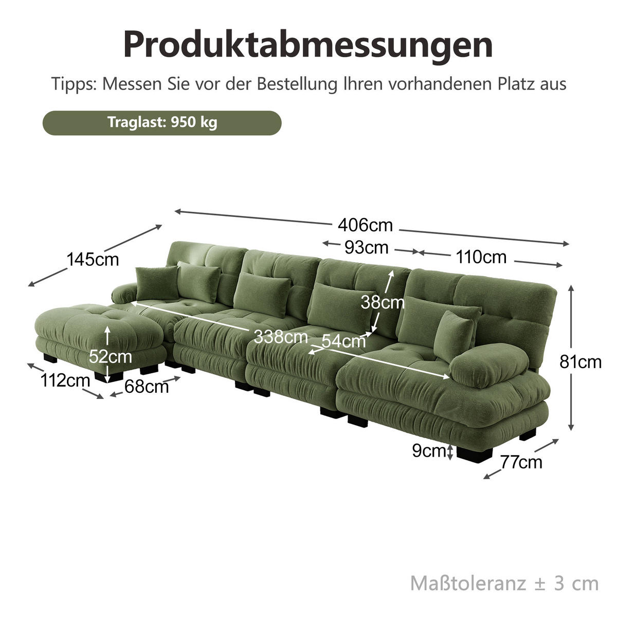 ECKSOFA 406/145/81 cm Grün mit beweglichem Ottoman - Grün, Textil (406/145cm) - Oxeza