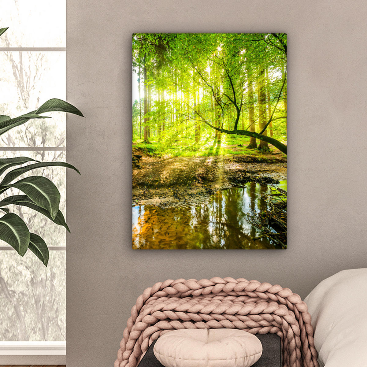 LEINWANDBILD Wald - Landschaft - Wasser - Bäume - Sonne - Grün - Natur 60x80 cm - Grün, Textil (60/80cm) - MuchoWow