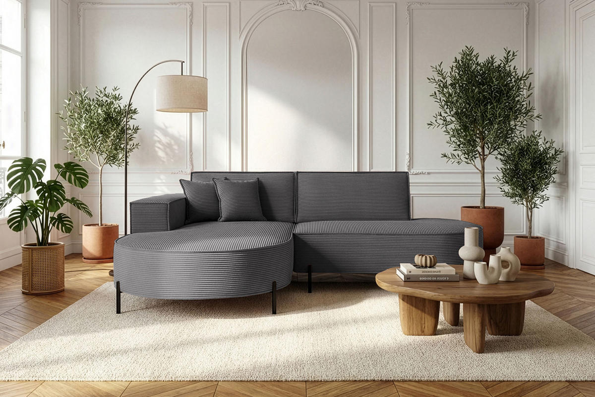 ECKSOFA Hana Loft 3-Sitzer Ecke Links, Cordstoff Chenille, Grau 241/80/168 cm - Schwarz/Grau, Textil/Metall (241/168cm) - WFL GROUP