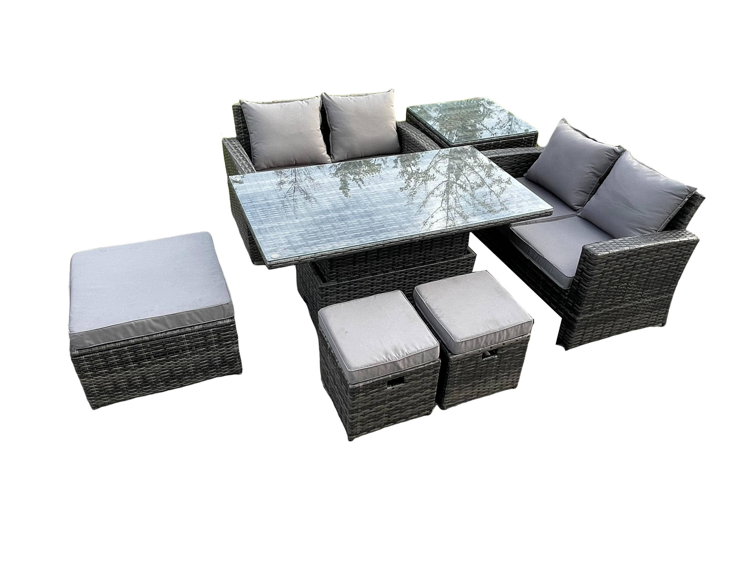 GARTENMÖBEL HÖHENVERSTELLBARER ESSTISCH SET MIT BEISTELLTISCH 3 HOCKER DOPPELSITZ-SOFA Polyrattan Dunkelgrau Gemischt 7-Sitzer - Dunkelgrau, Metall - Fimous