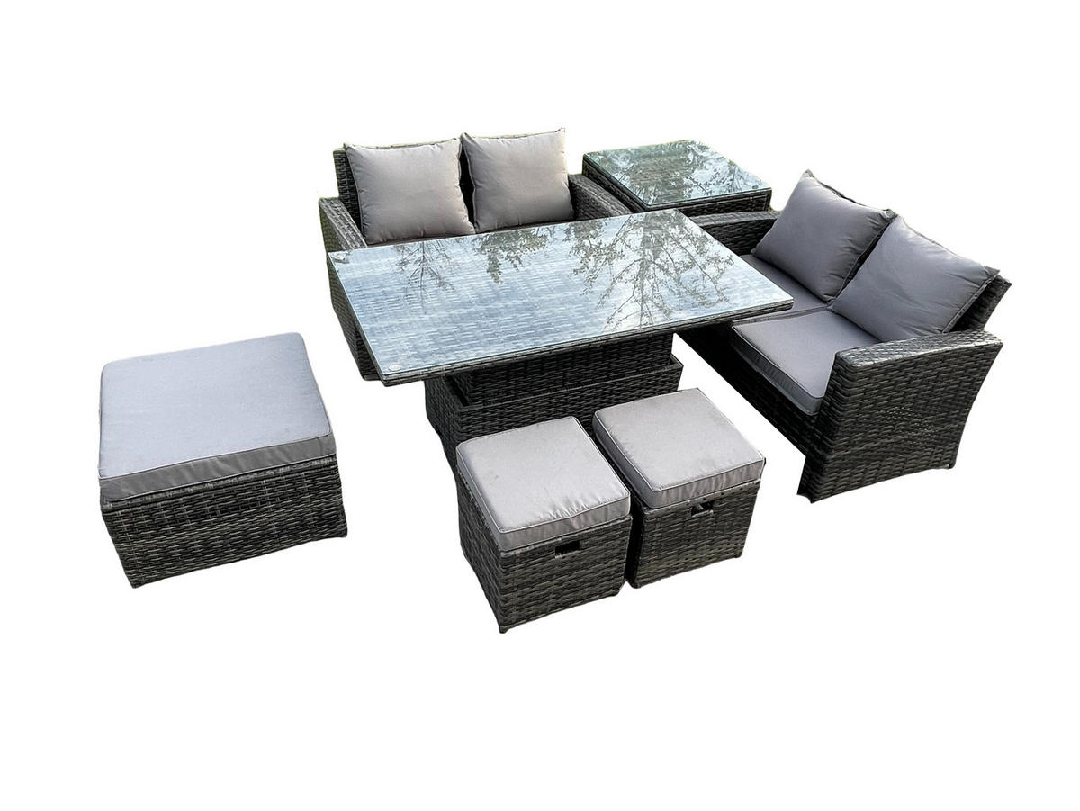 GARTENMÖBEL HÖHENVERSTELLBARER ESSTISCH SET MIT BEISTELLTISCH 3 HOCKER DOPPELSITZ-SOFA Polyrattan Dunkelgrau Gemischt 7-Sitzer - Dunkelgrau, Metall - Fimous